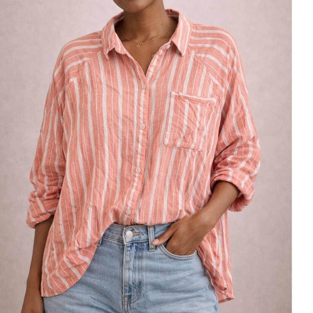 Aerie Pink Striped Button-Up Spring Linen Blend Oversized Blouse Size Small